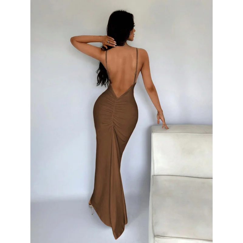 YQ1-Sexy StyleVCollared فستان بلا أكمام صيف جديد ارتفاع الخصر البلوز Bodycon فستان طويل للنساء #5