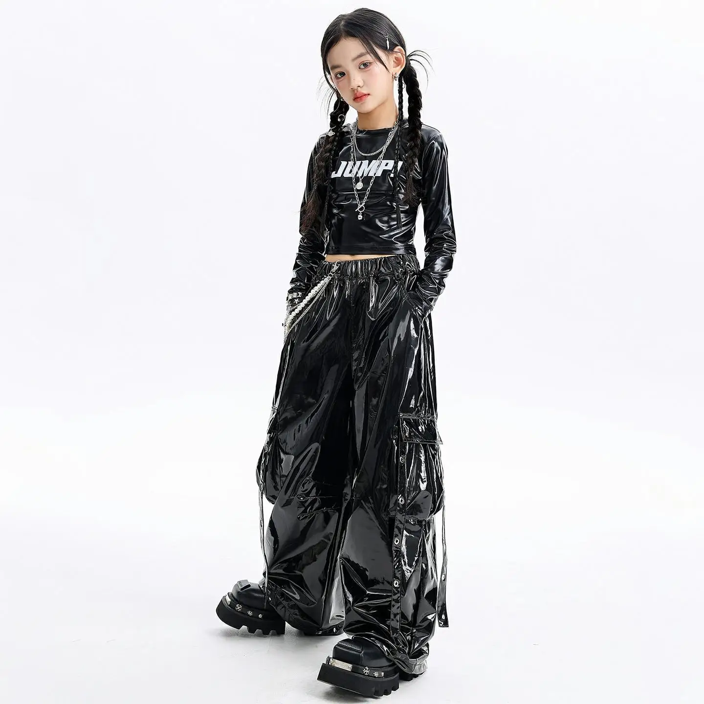 Vêtements Hip Hop Kpop pour enfants, t-shirt court métallique noir à manches longues, en Faux cuir, sangle décontractée, pantalon Cargo pour Costumes de danse pour filles