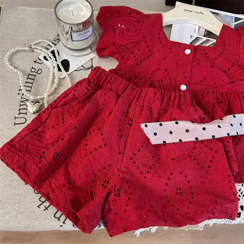 

Girls' Suit Summer Baby Sweet Lace Top Shorts Jacquard Hollow out Two-Piece Set