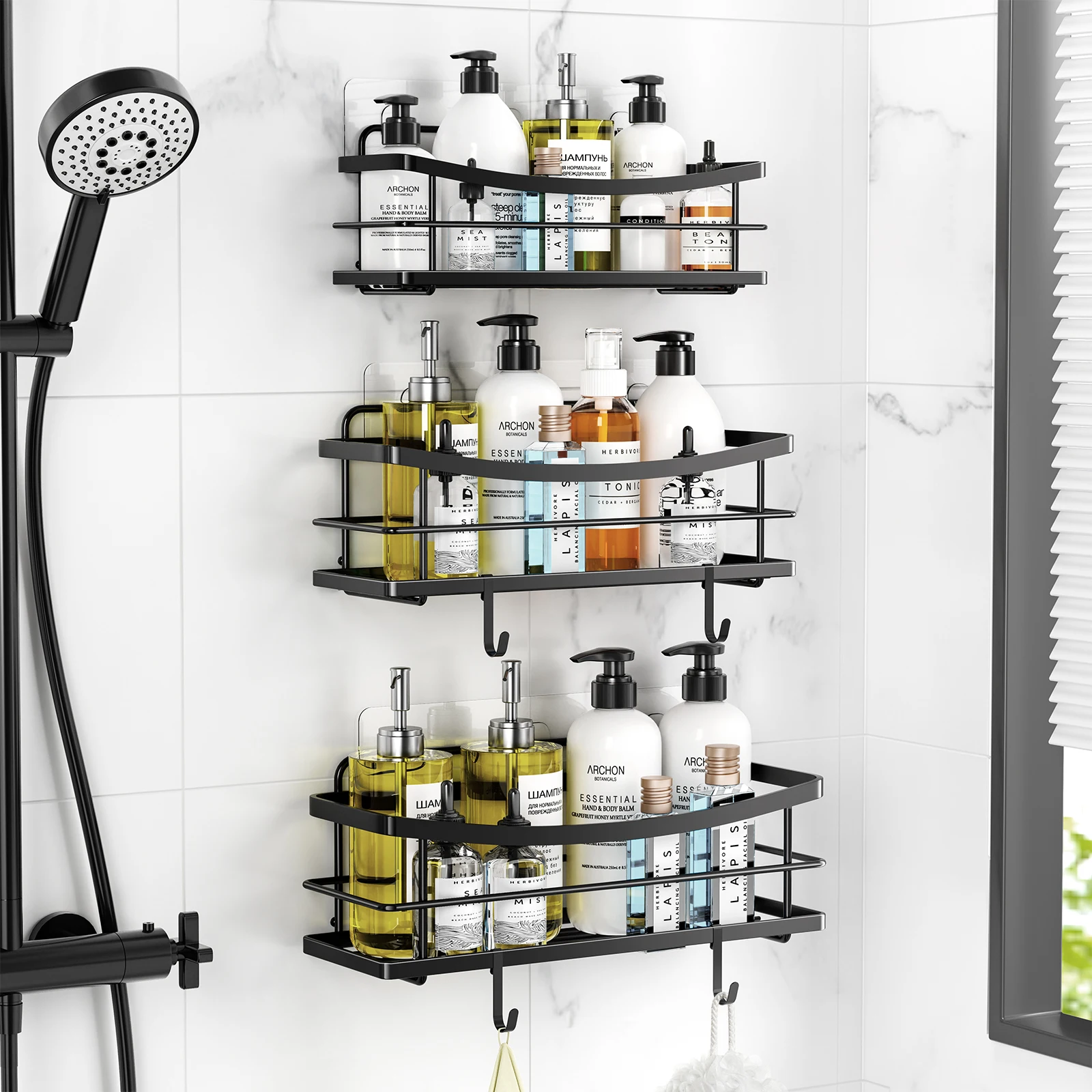 

3Pcs Bathroom Shelf Kitchen Storage Organizer Black White Stainless Steel No Drilling Wall Bath Accessories Shampoo Rack Baskets