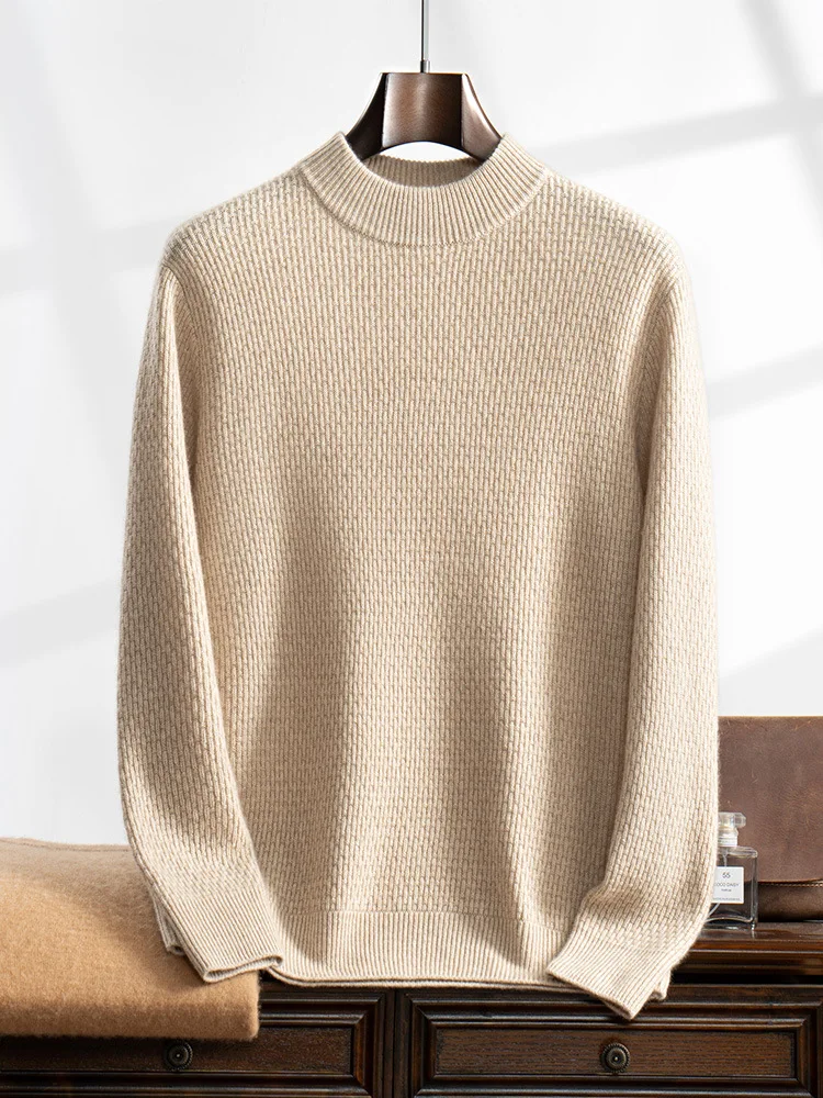 BirdTree, Cashmere Wool Blended Thick Sweaters, Men's Mock Neck Solid, Soft High Quality Sweater, 2024 Autumn Winter T479122QM