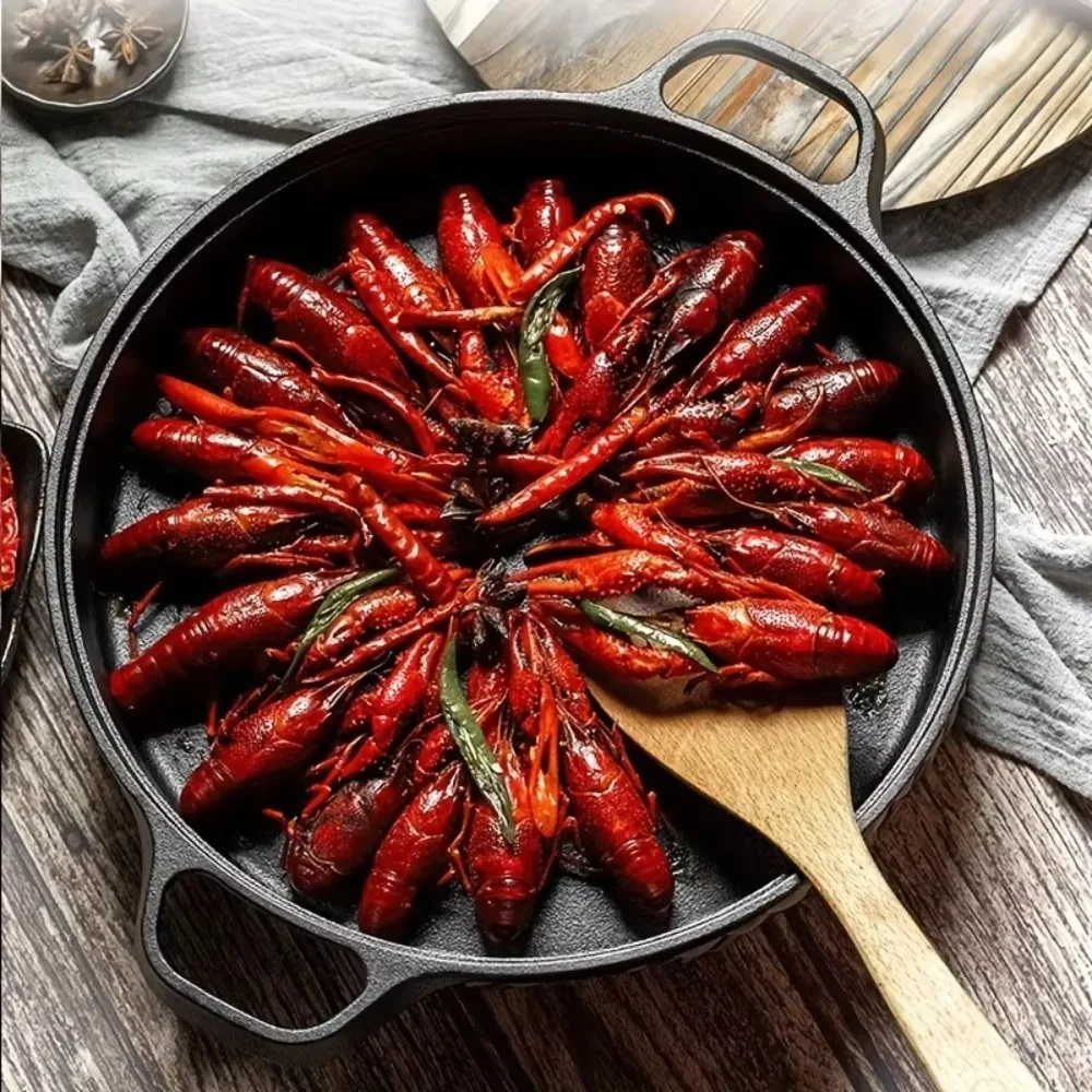 

Household Non-Stick Cast Iron Skillet Non-coated Flat Bottomed Stir-fry Pan Thickened Double Handle Wok Induction Cooker