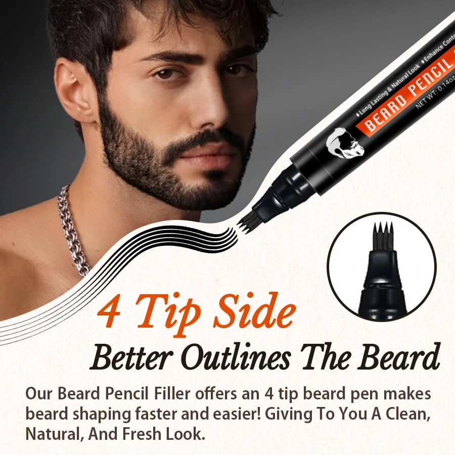 GOIPLE Beard Pencil Filler with Brush Kit Waterproof Enhancer Lasting Shaping Coloring Black Repair Beard Enhancer Pen