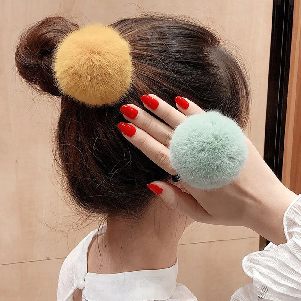 Winter Girls Hairband Plush Elastic Pompom Plush Hair Rope Hair Accessories Pompom Rubber Band Ponytail Holder