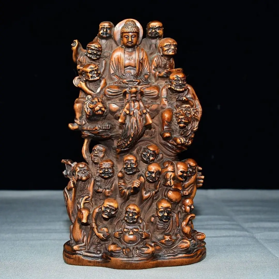 Hand Carved Wood Eighteen Arhats Statue Figurine Home Desktop Ornament Craft Gift