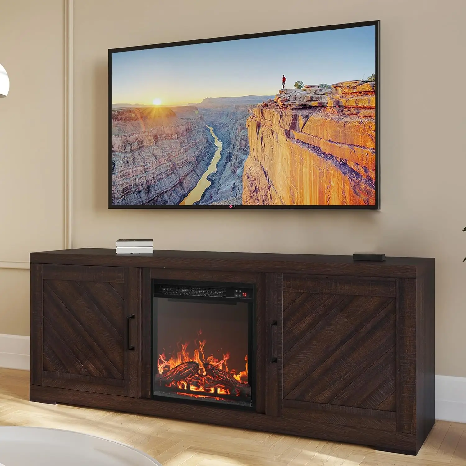 

BELLEZE Modern 58" Farmhouse TV Stand with 18" Electric Fireplace Heater & Media Entertainment Center for TV up to 65",