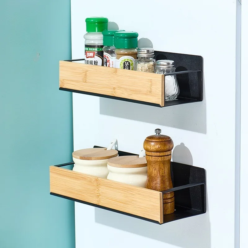 

1pcs Magnetic Refrigerator Shelf with Spice Holder - No Drilling Bamboo Wall Organizer for Kitchen Storage