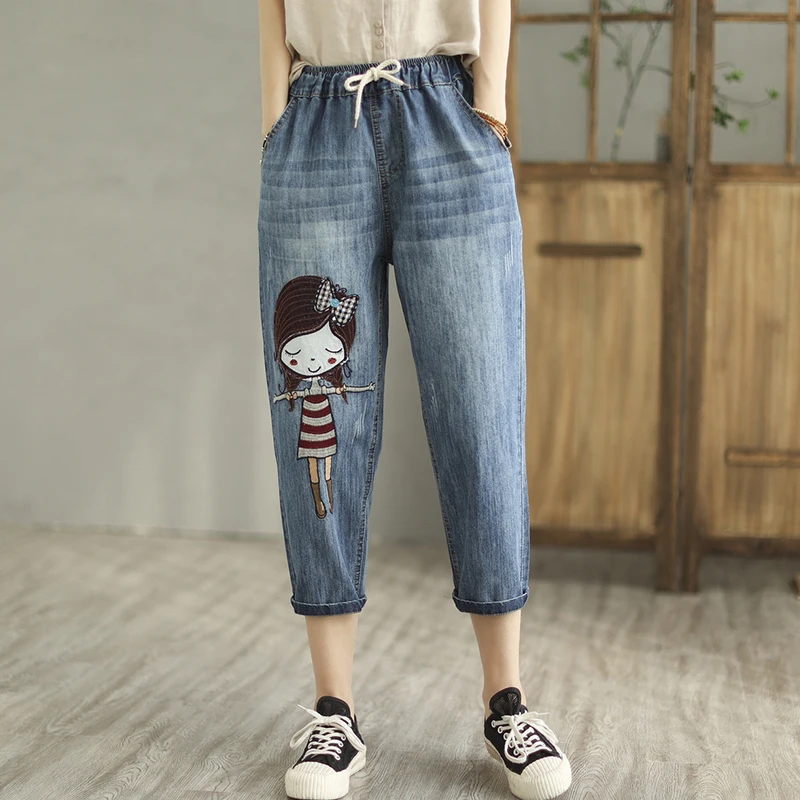 Summer Autumn Elastic Waist Cartoon Girl Embroidery Jeans Women Clothing Casual Sweet Cowboy Calf Length Pants U004