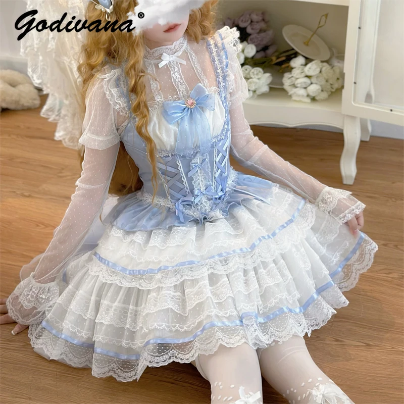 Lolita Women's Skirt Set New Spring Summer Girls Flower Wedding Jsk Sling Dot Lace Mesh Inner Top High Waist Short Set Outfits