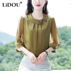 Summer New Solid Color Doll Collar Patchwork Blouse Ladies Elegant Fashion 3/4 Sleeve All-match Vintage Top Women Chiffon Shirt