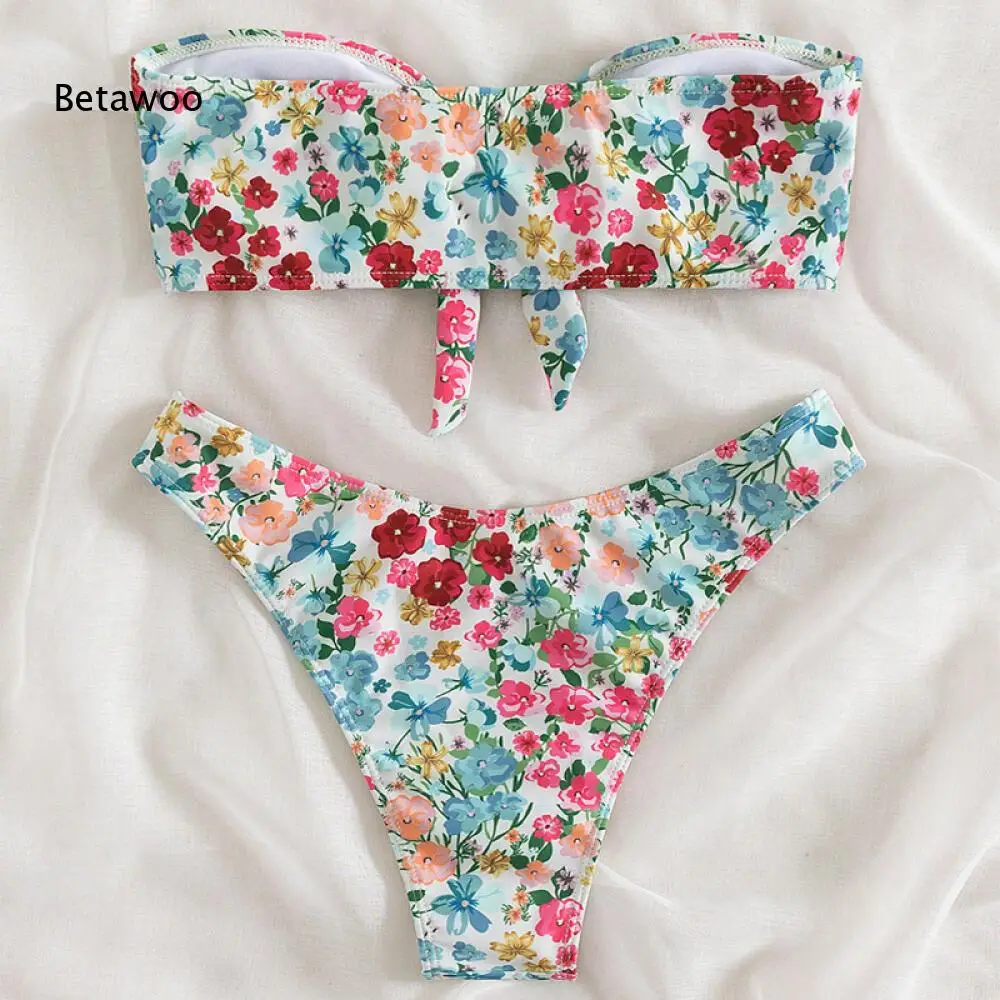 

Boho Wildflower Print Strapless Front Knot High Cut Swimwear