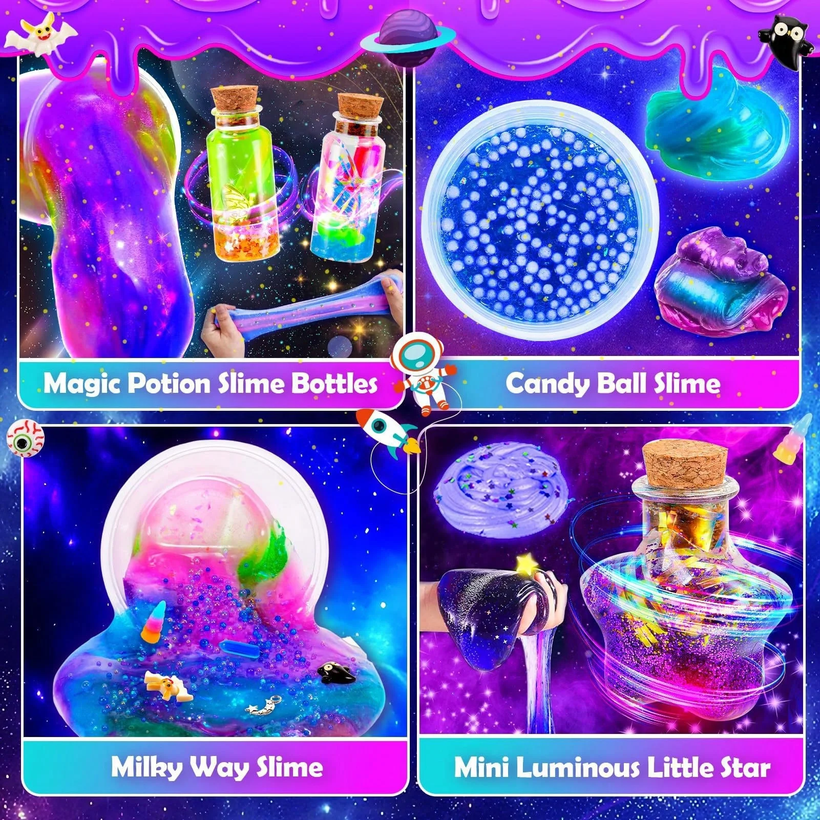 Galaxy Slime Kit For Kids Ages 3–12, DIY Space Slime Set With Glow-In-The-Dark Stickers & Galactic Glitter, Fun Gift for Kids