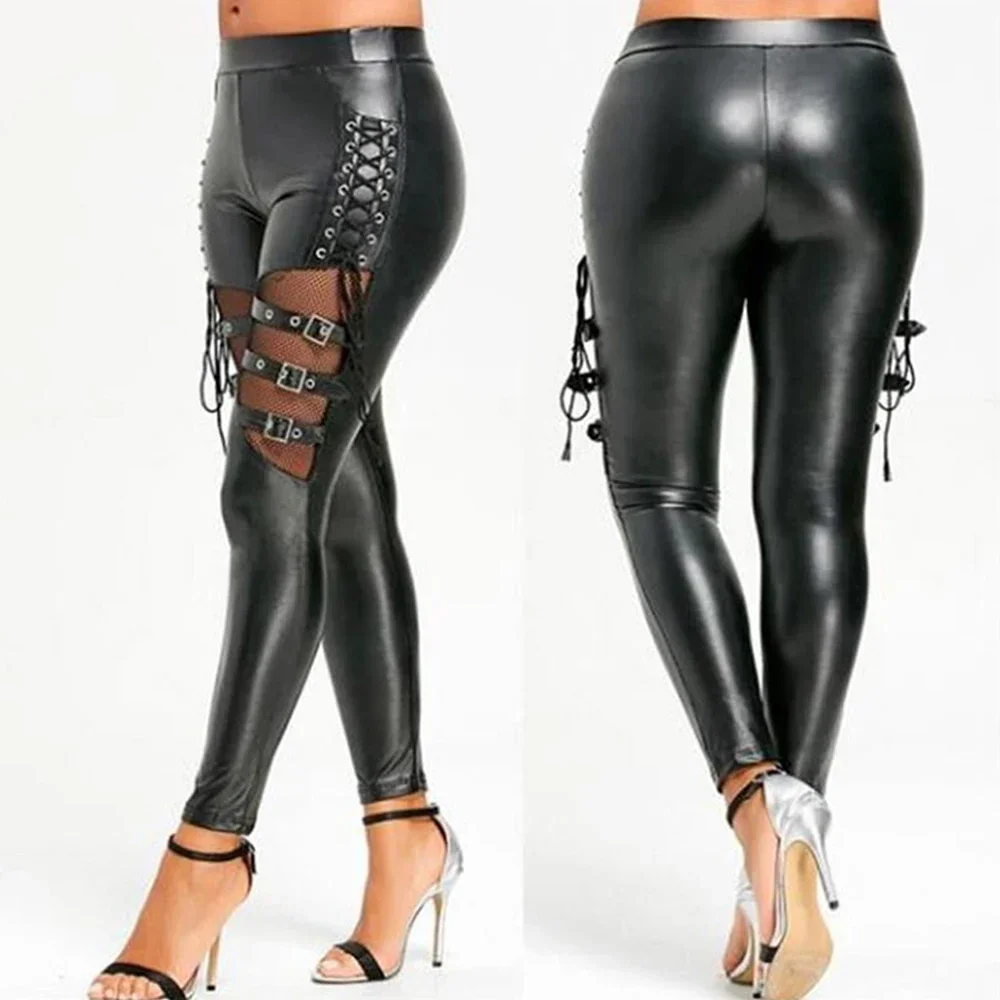 Gothic Punk Frauen Kunstleder enge Hosen Pu Bandage Aushöhlung Hose Oberschenkels chnalle Design Fisch netz Bleistift Hose Damen Hose