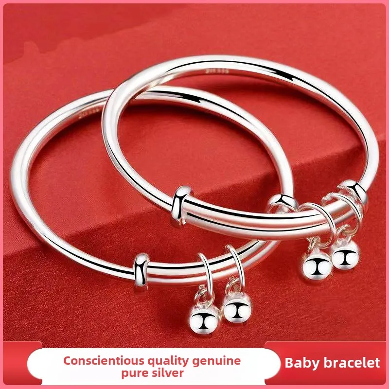 

S925sterling silver glossy push-pull Baby Bell lettering solid bracelet baby send full moon full year gift