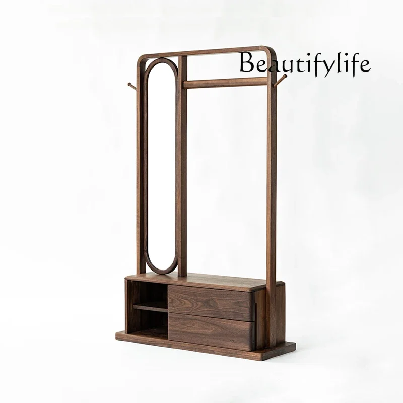 

Nordic black walnut hanger drawer storage coat rack dressing mirror solid wood shoe changing stool