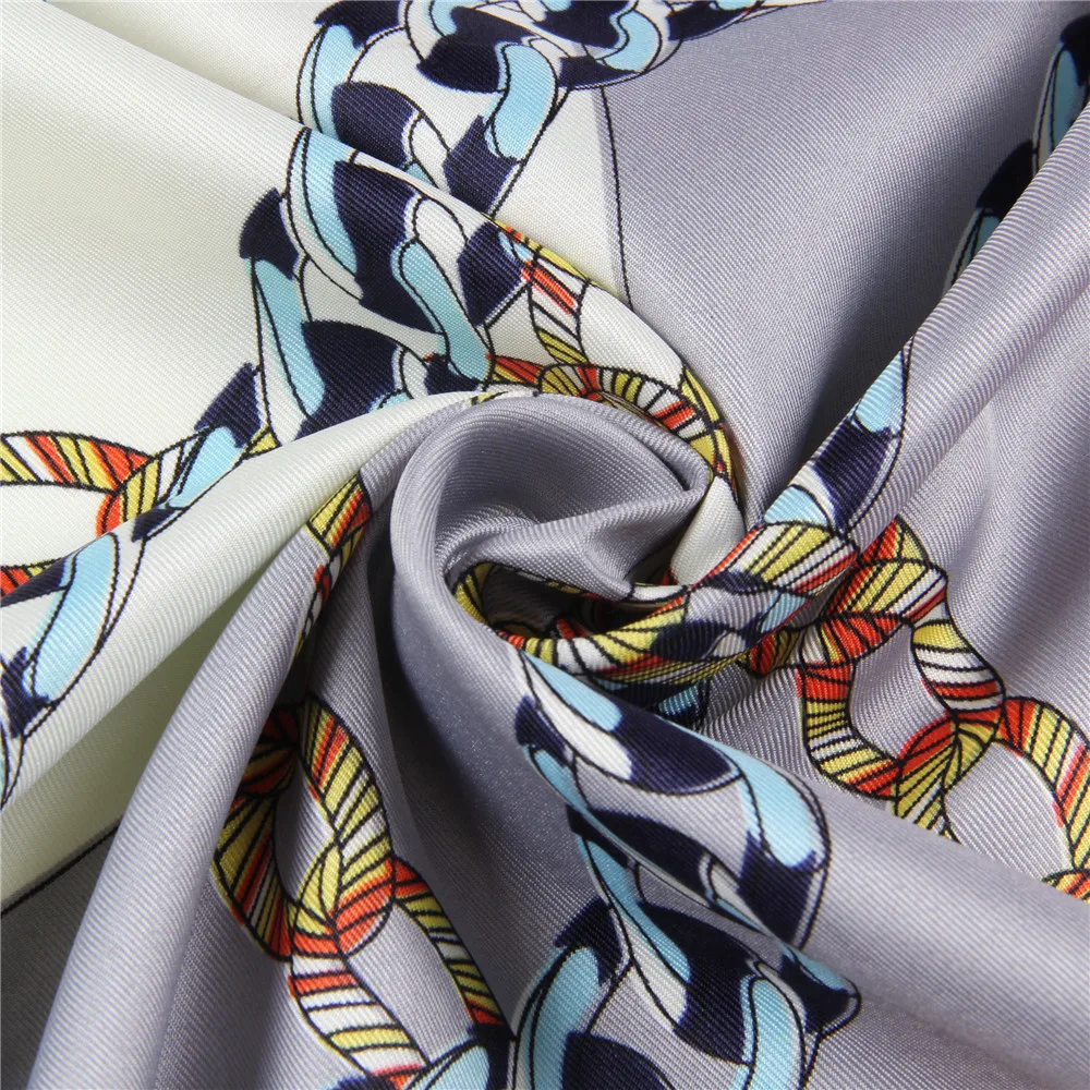 POBING Silk Scarf Women Large Shawls Chain Print Square Bandana Luxury NecKerchief Muslim Hijab Scarf Female Foulards 130CM