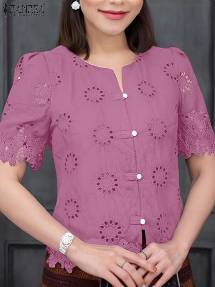 

ZANZEA Women Cotton Fashion Shirts Elegant Tops Tunic 2025 Summer Short Sleeve Casual Loose Hollow Out Solid Korean Blusas Mujer
