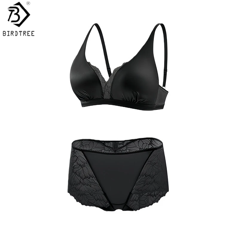 Birdtree, 92% Silk 8% Spandex Bra Brief Set,Women's 3/4 Cup Underwear, Mid-waist Brief, Elegant Sets, 2026 Spring New A61902JF