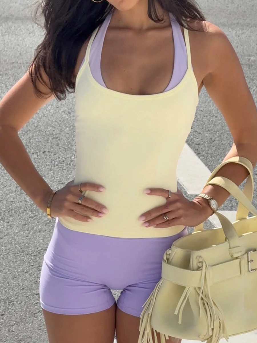 Conjunto Deportivo Mujer Foamlina 3 Piezas Casual Top Halter Camiseta Espalda Nadador Pantalones Cortos Ciclista Cintura Elástica Yoga Entrenamiento