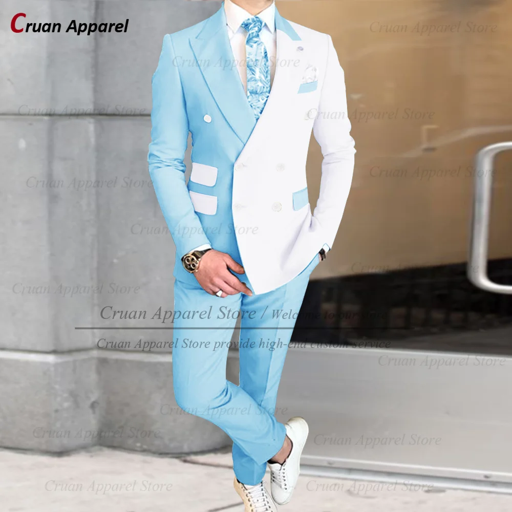 White Splicing Suit Sets For Men Formal Banquet Classic Double Breasted Blazer Pants 2 Pieces Evening Prom Elegant Male Outfits