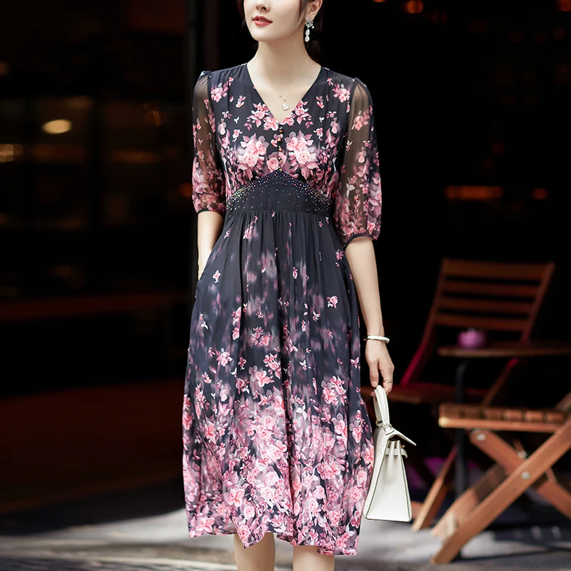 

New Prairie Chic Women's Floral Print Dress 2026 Summer V-neck Elegant Dresses For Women 100% Real Silk Woman Long Dress