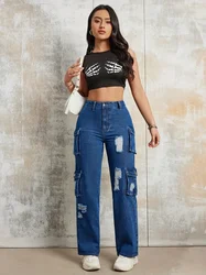 American Retro Punk Style Jeans New Versatile No Waist Pocket Work Style Fashion Denim Wide-leg Pants Female Baggy Jeans Pants