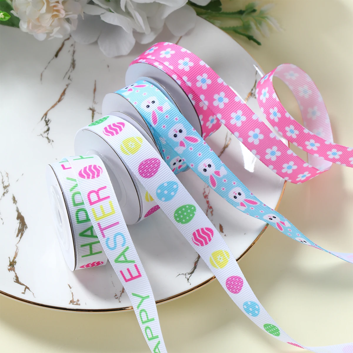 1 Roll 5 Yards 1.6cm Spring Easter Grosgrain Ribbon for Gift Wrapping Bunny Egg Stripe Printed Colored Ribbons for Crafts Wreath