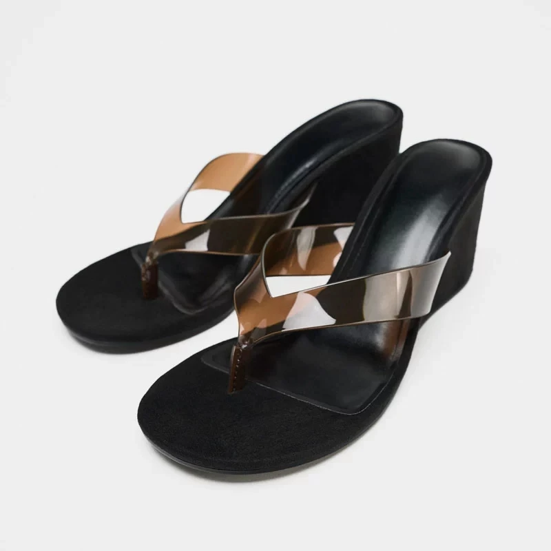 

Новые модные прозрачные женские тапочки на танкетке, сандалии, женские шлепанцы с круглым носком, женские шлепанцы на танкетке, шлепанцы