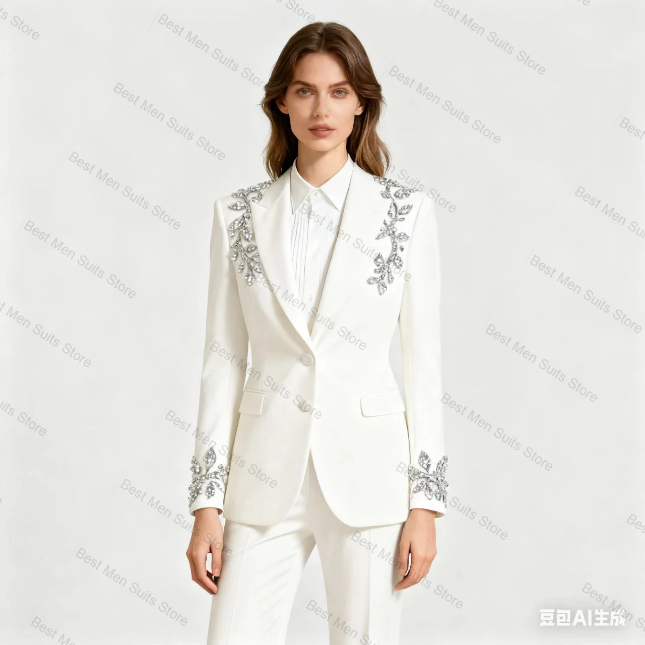 

White Crystals Women Suit Set 2 Pcs Blazer+Pants Trousers Cotton Autumn Formal Office Jacket Customized Wedding Guest Prom Coat