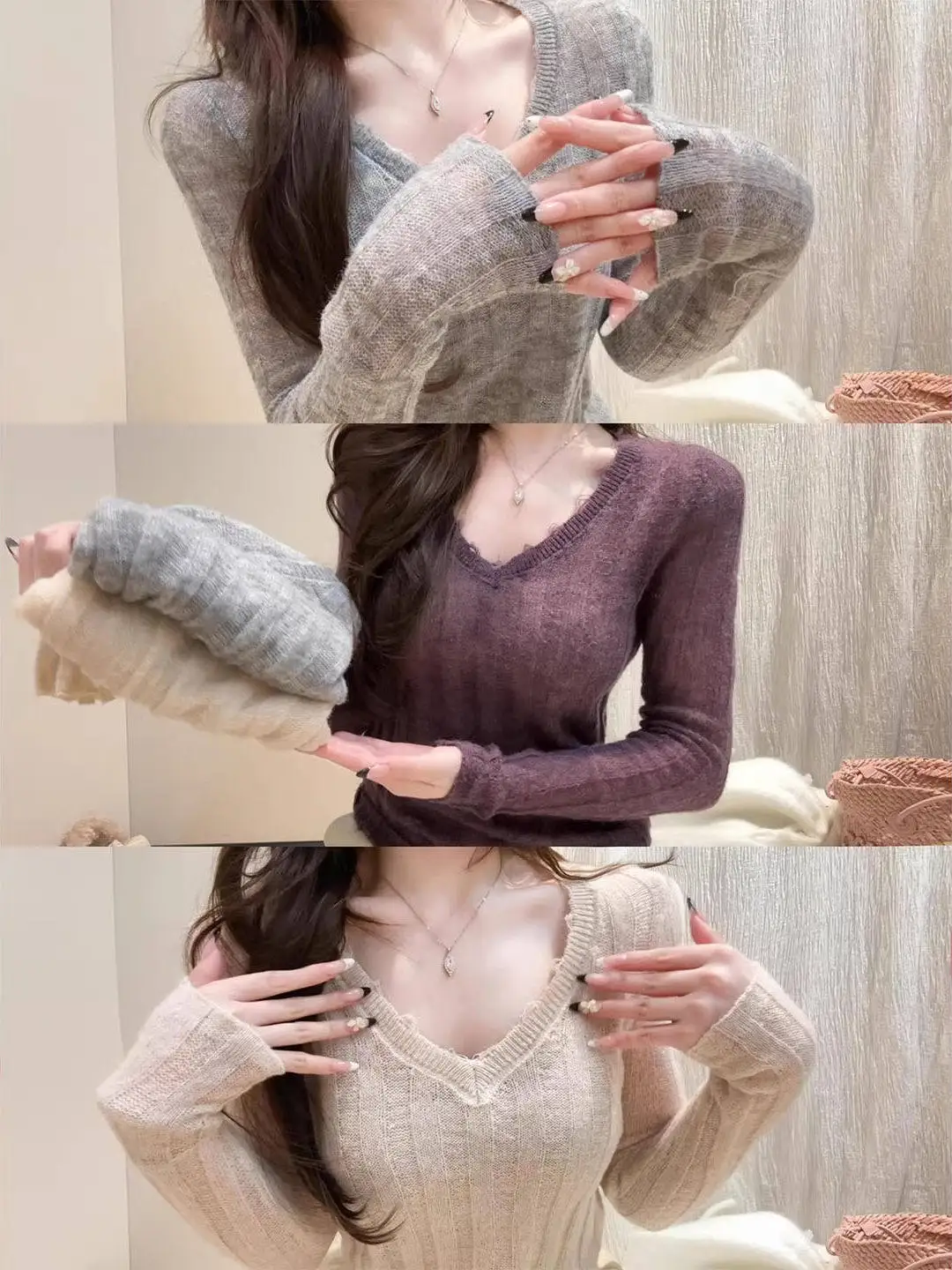 

Gray V-neck Long Sleeve Knitted Base Shirt Women's Slim Fit Inner Design Beautiful Top Pure Desire Style Commute Style