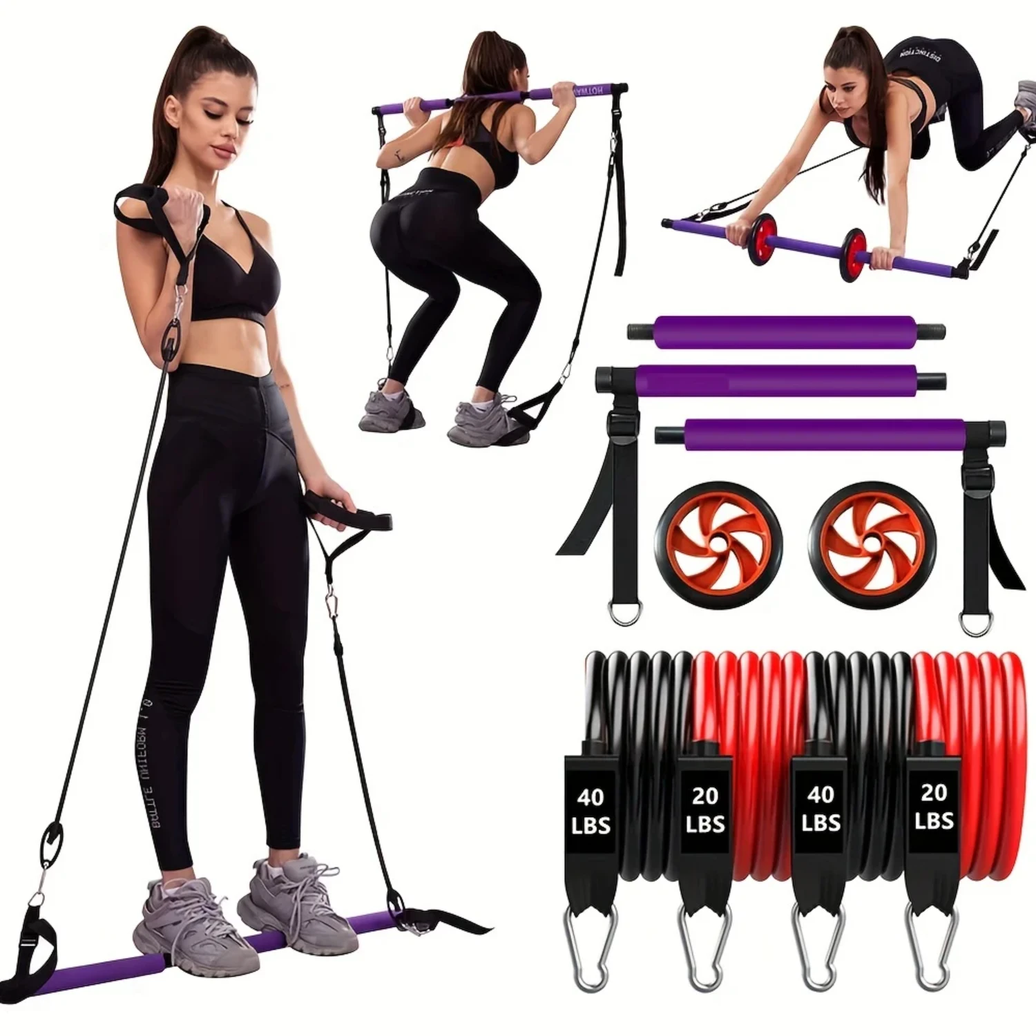 

Fitness Pilates Kit Resistance Bands with Ab Roller Abs Workout Core Strength Training Equipment Portable Gym