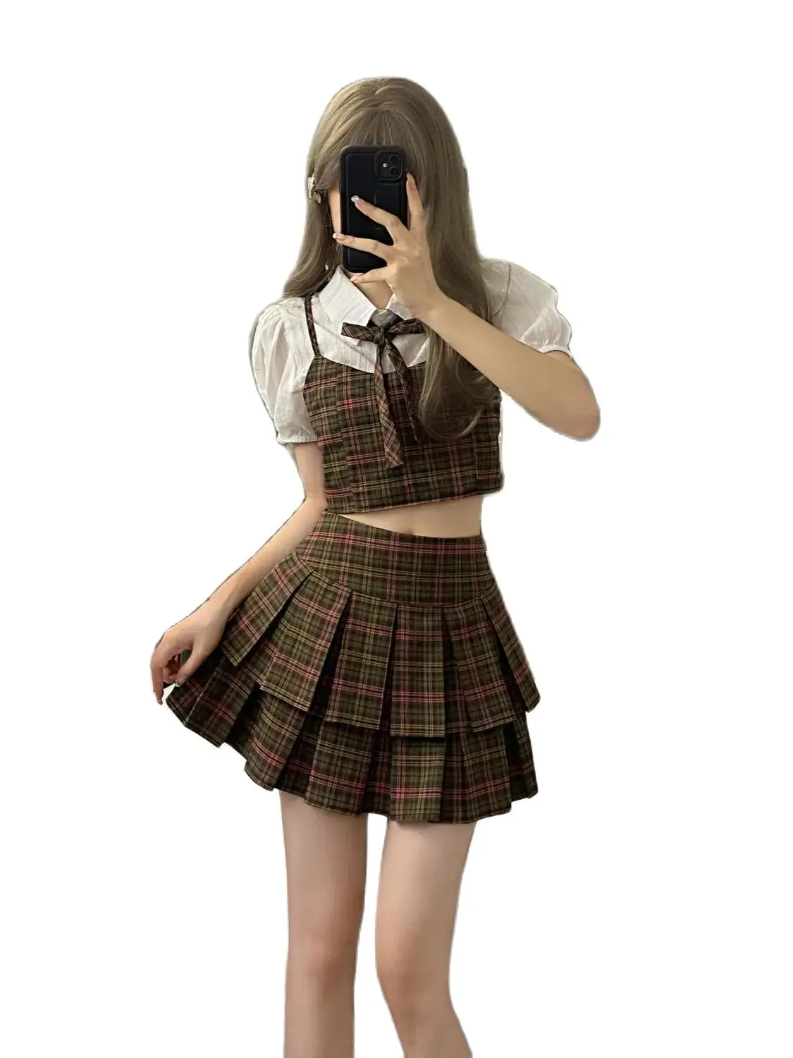 Two-Piece Set College Fake Two-Piece Plaid Shirt Pleated Skirt Women Fashion Lace Up Polo Neck Sweet Spicy Girl Slim Summer Suit