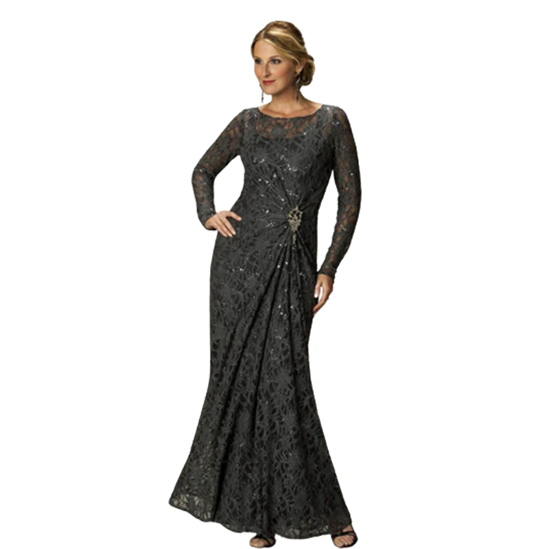

Stunning Charcoal Lace Gown with Intricate Beading and Flowing Skirt Perfect for Mother of the Bride at Elegant Weddings & Galas