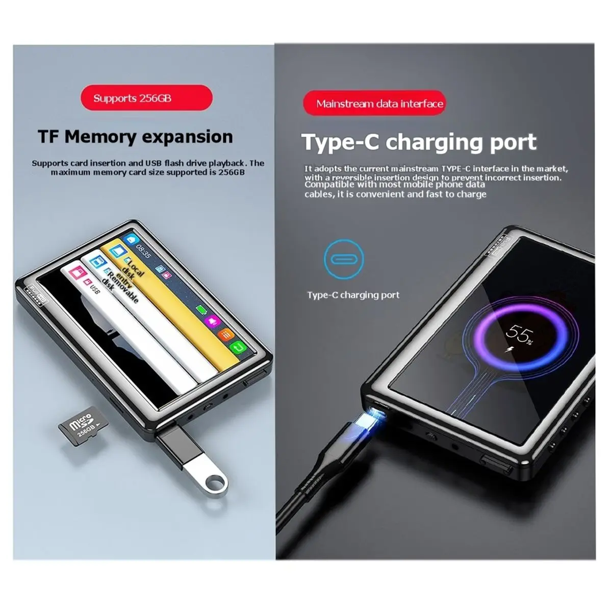 2026 New 5.0 Inch Bluetooth Mp4 Player Touch Screen HiFi Lossless Music Type-C Sports Mp3 with Voice Recorder