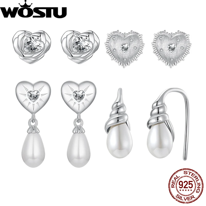 WOSTU 남녀공용 925 스털링 실버 하트 로즈 스터드 귀걸이, 하트 진주 스터드 귀걸이, 소라 쉘, 데일리 파티 데이트용 파인 주얼리