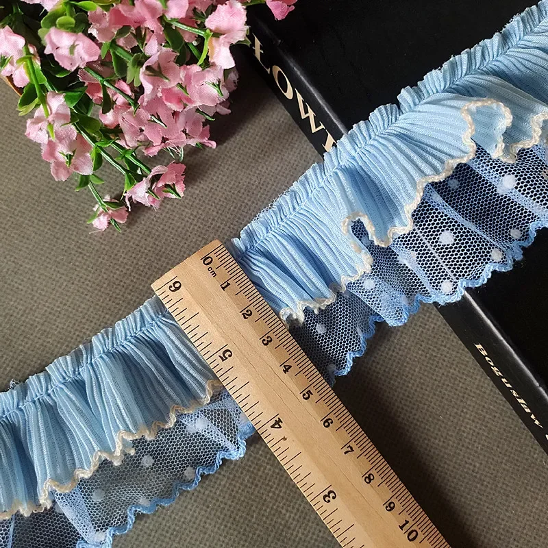 Pleated Tulle Lace Fabric, Light Blue, Fringed Trim, Wedding Dress, Ruffle Cuffs, Applique Sewing Accessories, Party, 1 Yard