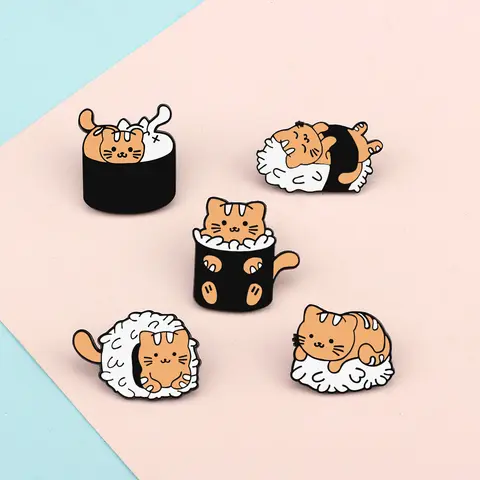 Cute Cat Sushi Rice Ball Animal Brooches Women Cartoon Kitties Enamel Pins Food Badge Shirt Jackets Bag Jewelry For Kids Friends