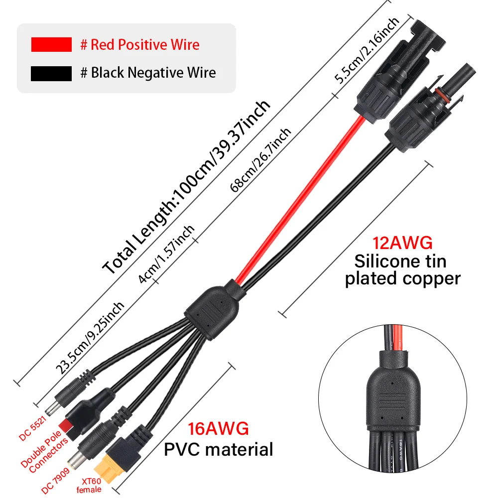 12 to 16AWG 4-In-1 Solar Panel Connector Extension Cable Splitter Compatible Connector Dc Adapter Power Plug Xt60 /DC5521/DC7909