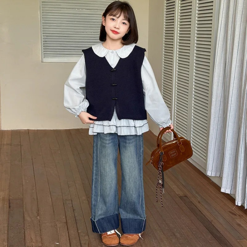 

Children Girls 3pcs Outfit Autumn Korean Peter Pan Collar Undershirt+Kniteed Vest+Patchwork Denim Pant School Girls Sets