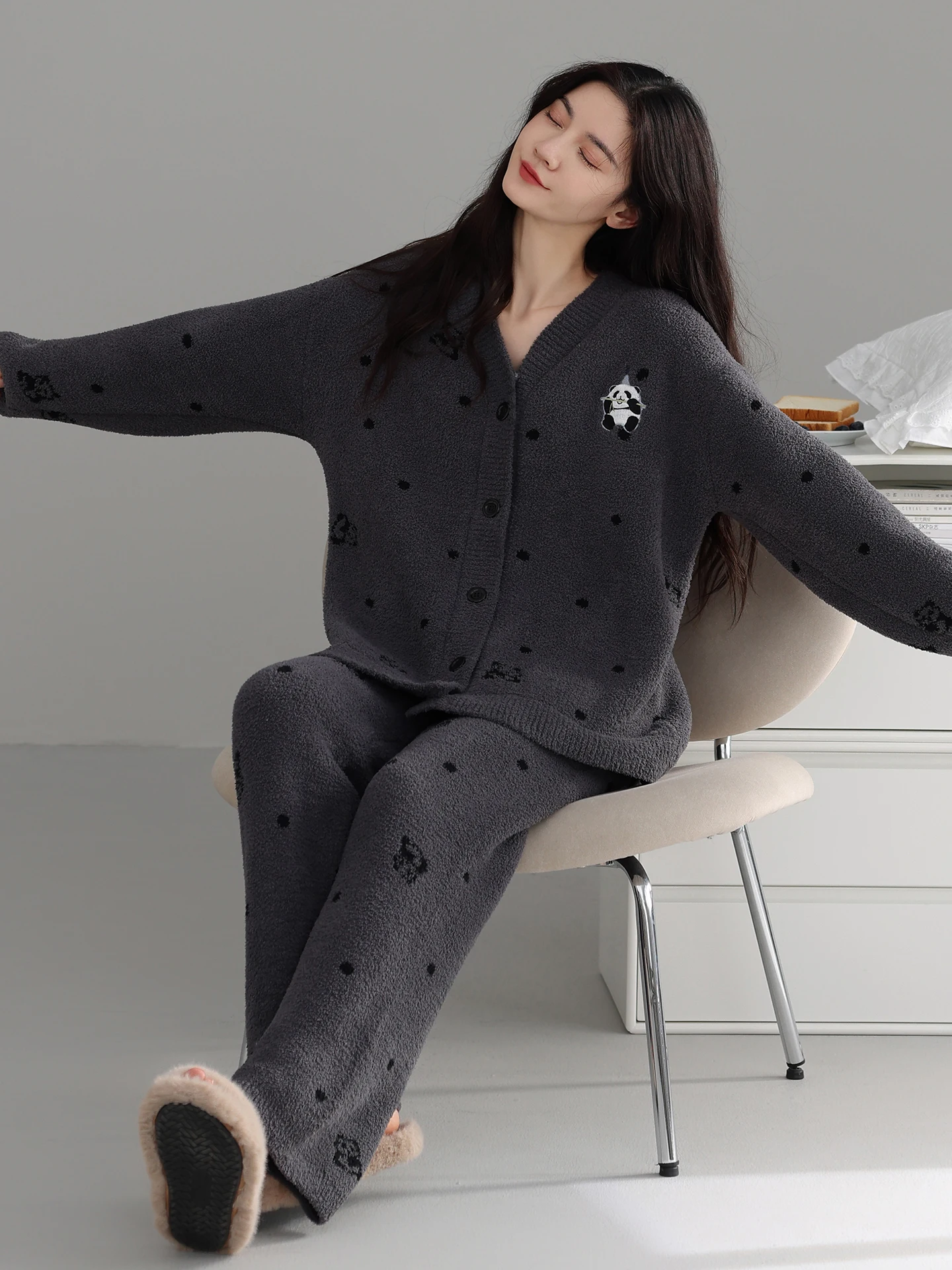 women's-sleepwear-long-sleeve-long-pants-half-fleece-outerwear-cute-panda-winter-home-clothes-set-v-neck-button-closure