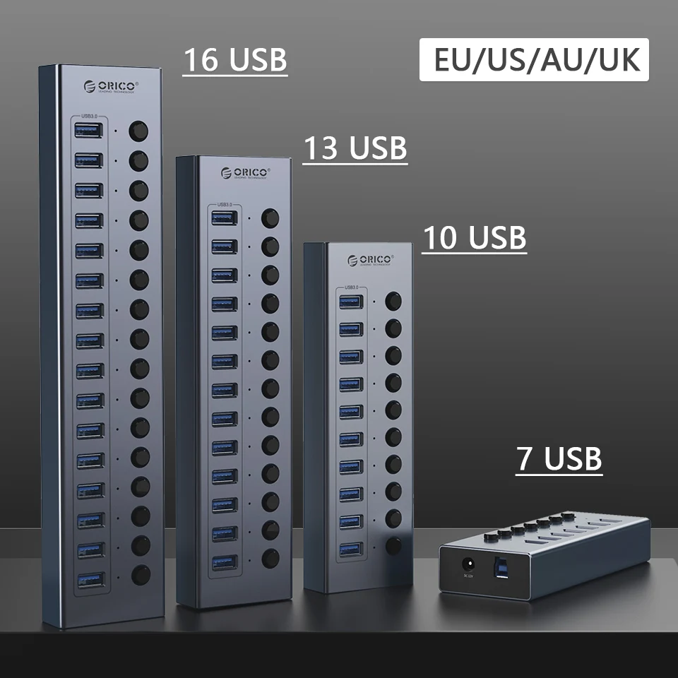 ORICO Multi USB Hub Several Port Splitter Switch Docking Socket with On-Off Key Multiple USB 3.0 Plug Slot Power Charger Adapter