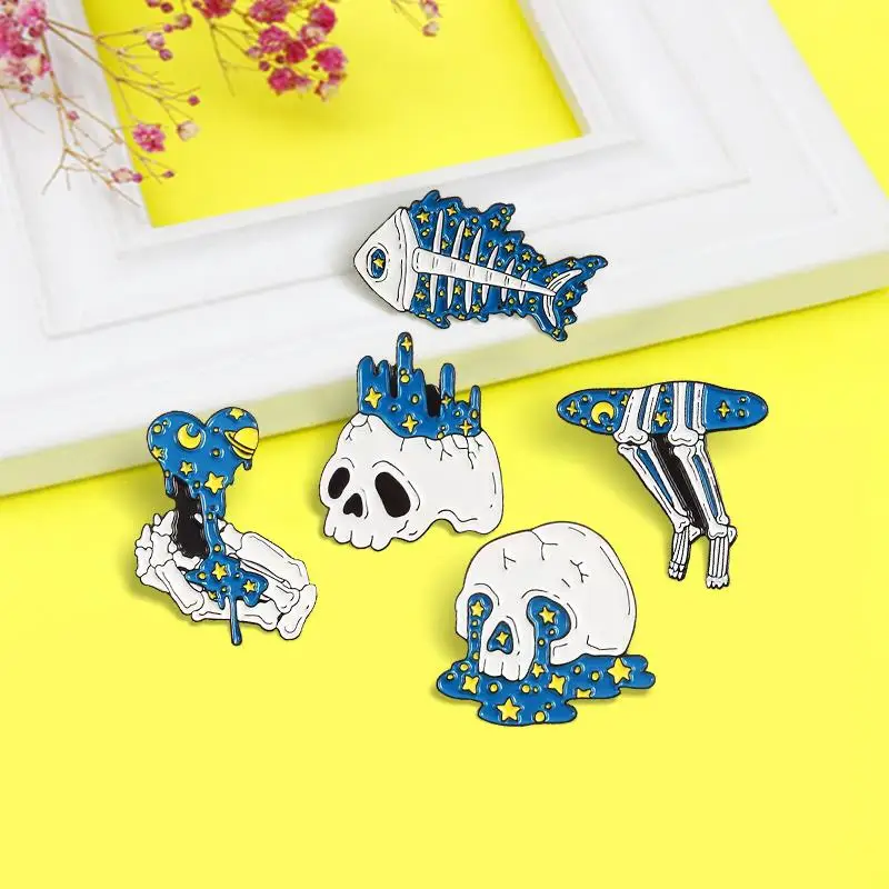 Skull Blue Starry Sky Series Enamel Pin Skeleton Fishbone Hand bone Leg Bone Heart Brooch Lapel Badge Punk Jewelry Wholesale