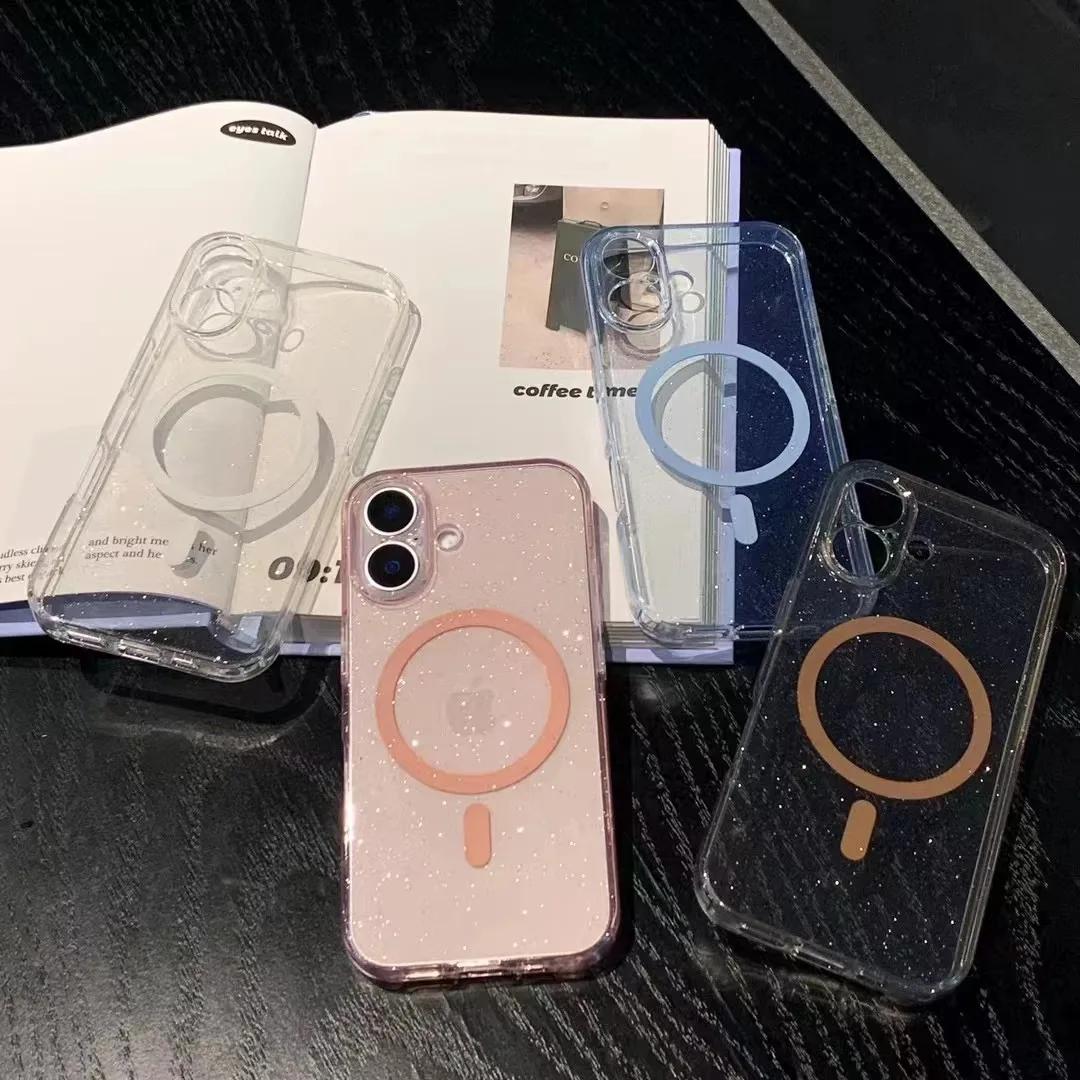 

Luxury Transparent Magnetic Clear Glitter Phone Case For iPhone 16 15 14 13 ProMax Plus Soft Shockproof Magsafe Silicone Cover