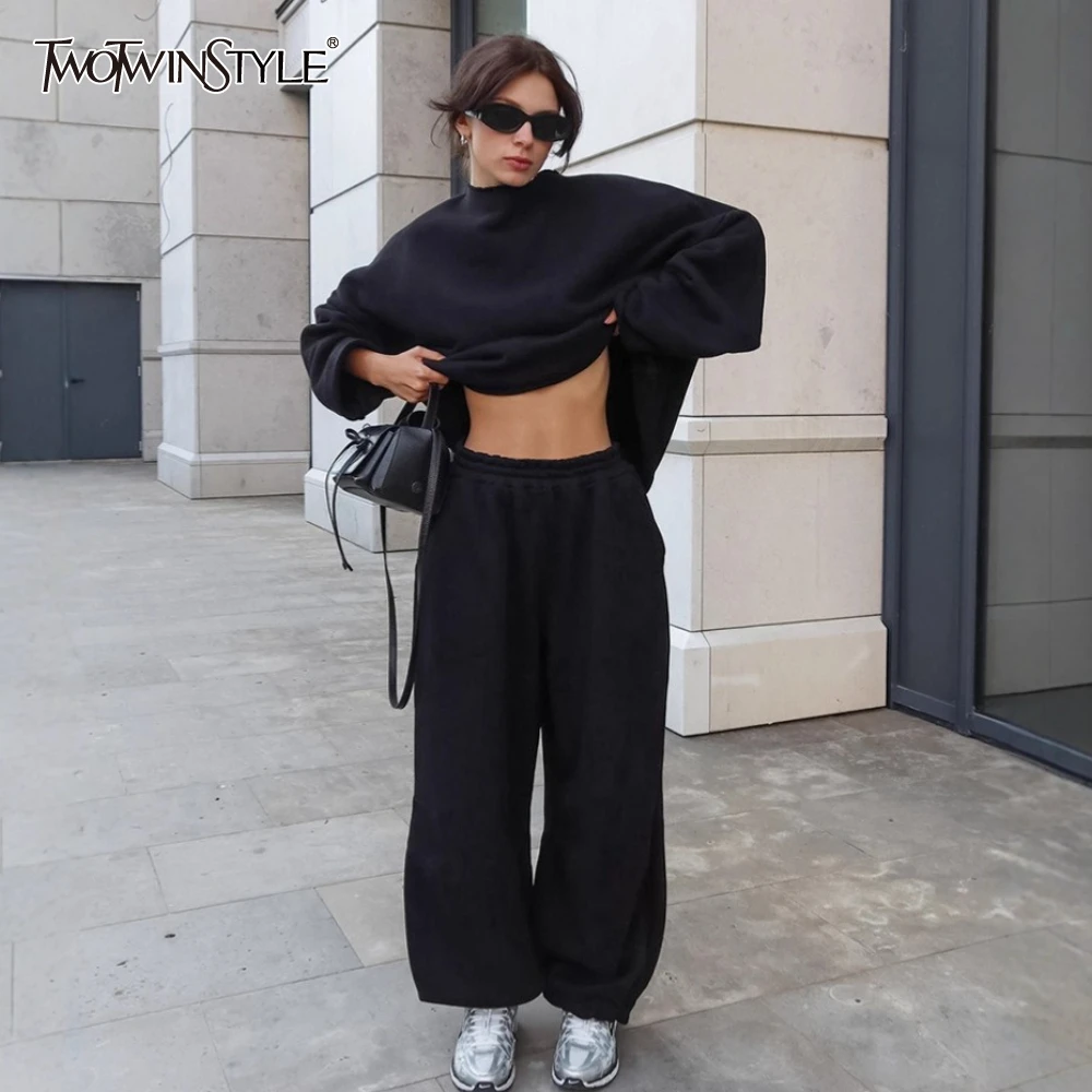 

TWOTWINSTYLE American Casual Two Piece Set for Women Long Sleeve Sweatshirt High Waist Loose Pants Fashionable Solid Suit Female