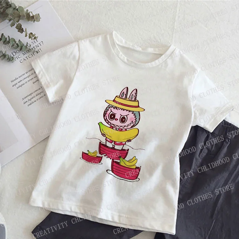 T-shirt per bambini Labubu Abiti estivi Cartoni animati Kawaii Anime Manica corta Bambini Ragazzo Ragazza Tee Shirt Top casual