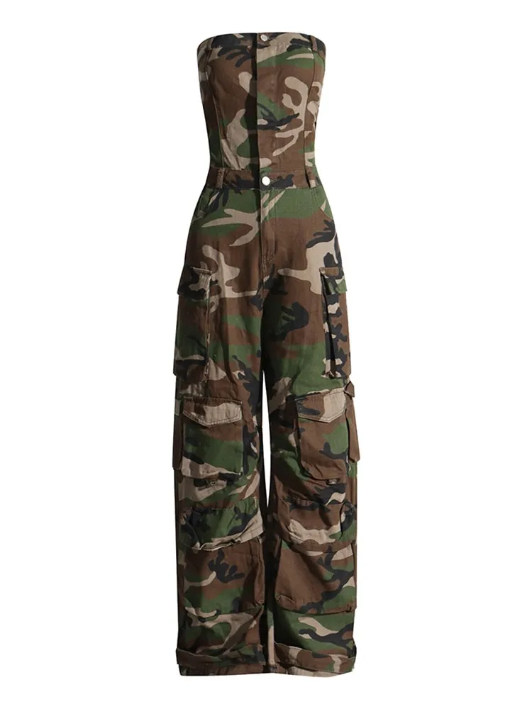 ECR Spliced Pockets Camouflage Junmpsuits For Women Strapless Sleeveless High Waist Streewear Casual Jumpsuit Female Fashion New