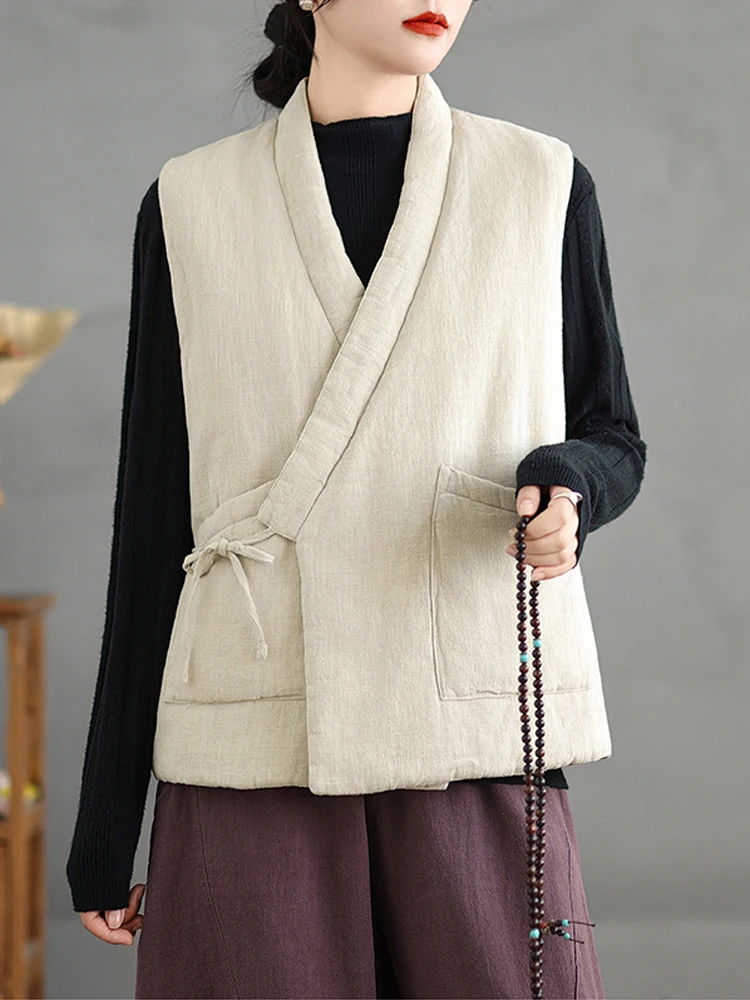 

Cotton Linen Waistcoats Women 2025 New Autumn Winter Chinese Style Vintage Lace Up Quilted Sleeveless Jackets Outerwear Coat