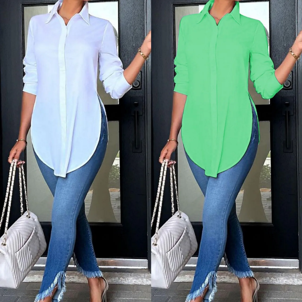 

2025 Solid Color Lapel Green Loose Fitting Patchwork Long Sleeved Fashionable Versatile Cardigan Temperament Commuting Shirt