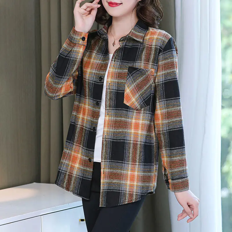 Fashion Lapel Button Pockets Printed Plaid Shirts Women Clothing 2024 Autumn New Loose Long Sleeve Casual Tops Commuter Blouses