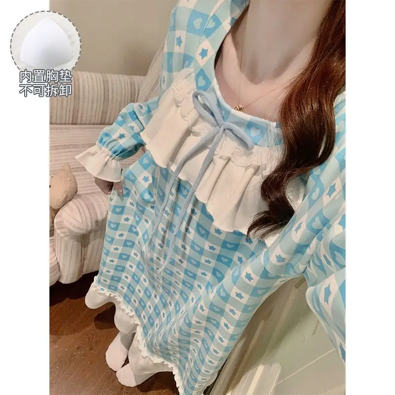 

Ночная рубашка, женские пижамы, весна-осень, новая модель, одежда для сна, корейская версия, сетка с длинными рукавами, можно носить в качестве верхней одежды, домашняя одежда